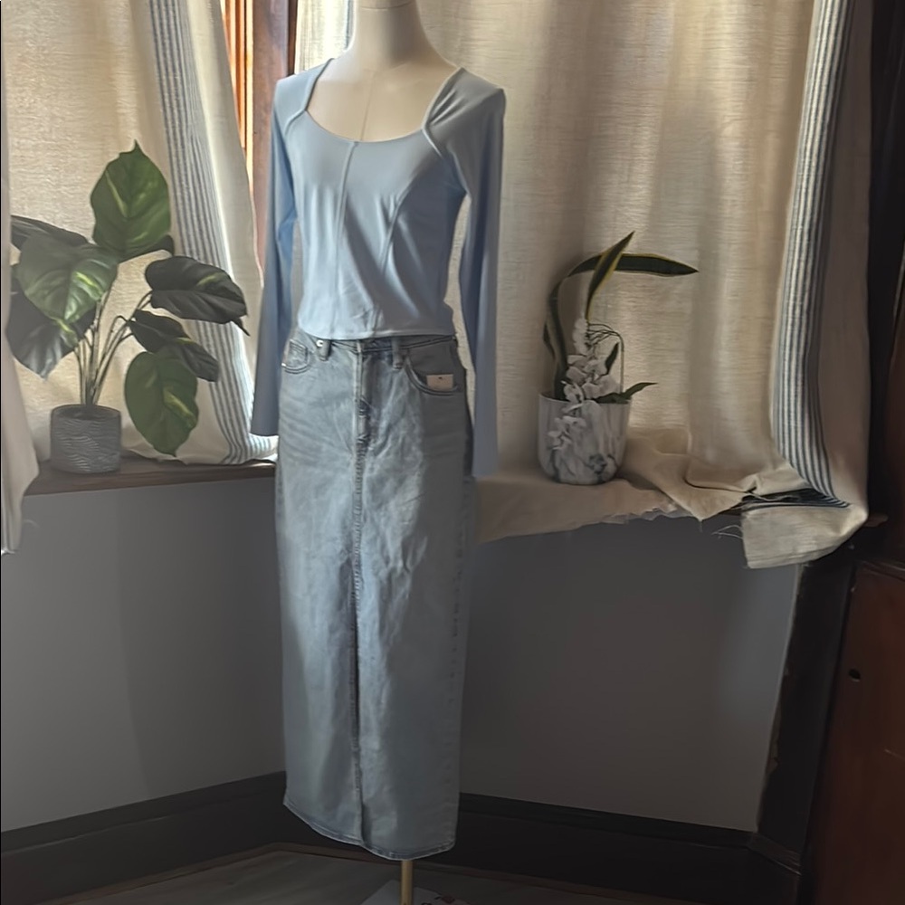 Light Blue Long Sleeve Top and Denim Skirt Set